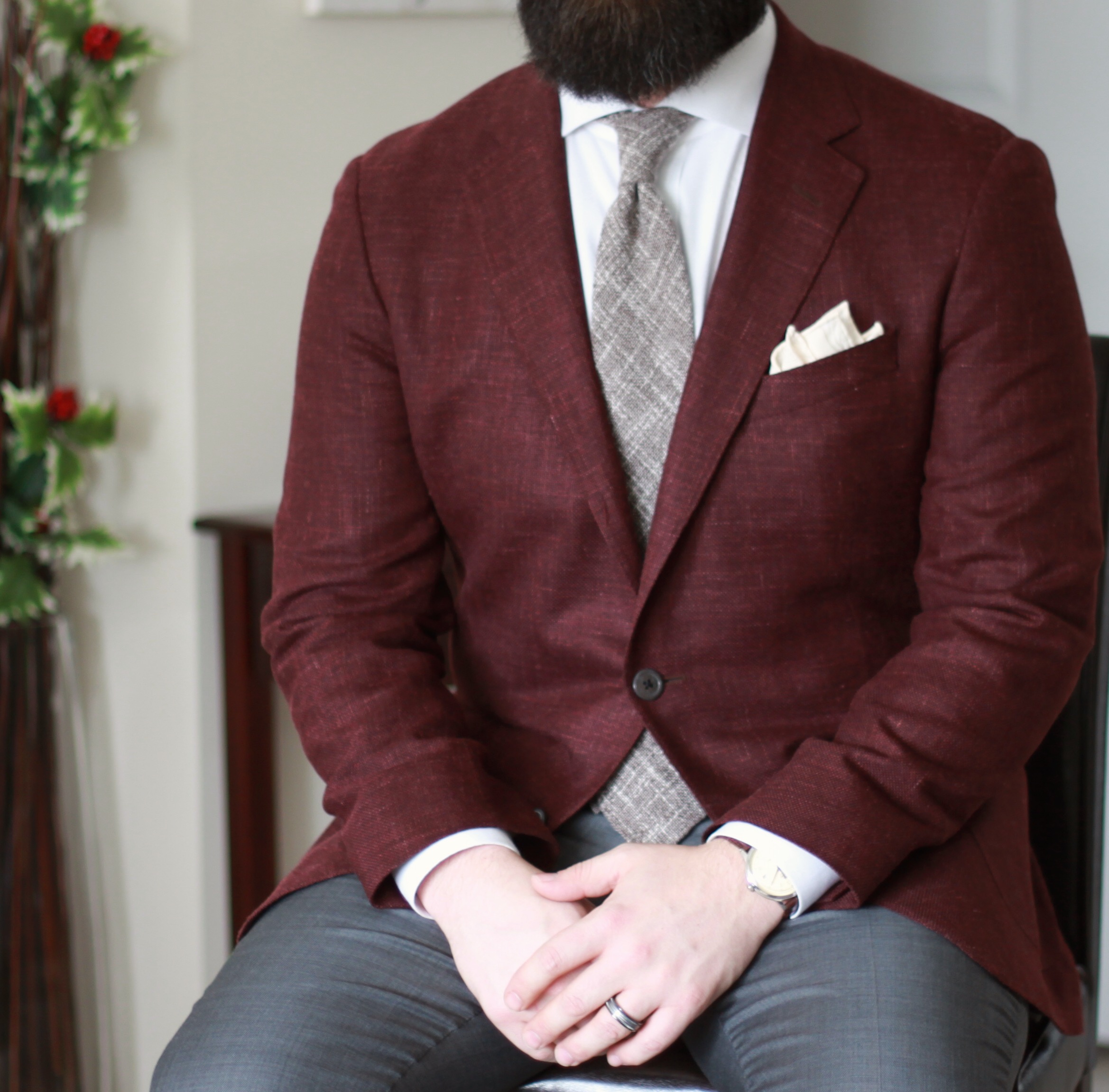 burgundy, odd jacket, sport coat, white shirt, tie, samuelsohn