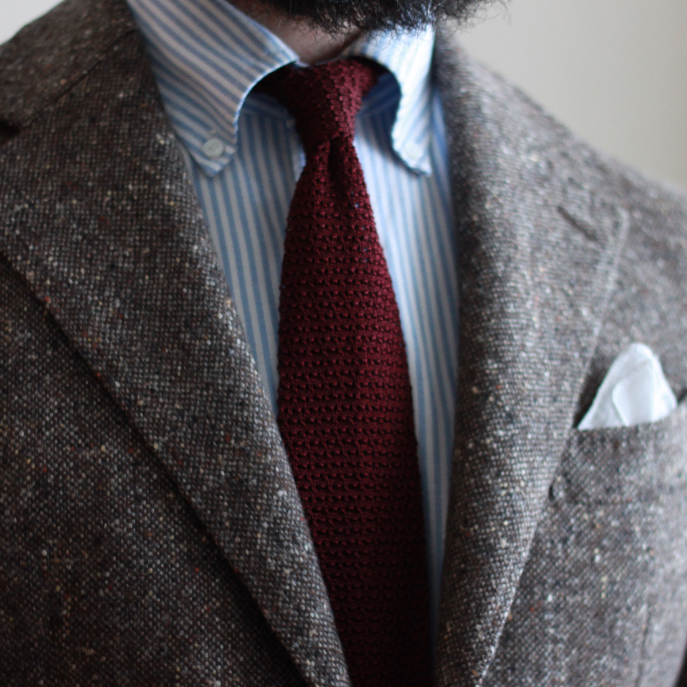 knit tie, silk tie, crunchy knit, bordeaux, odd jacket, sport coat, donegal tweed
