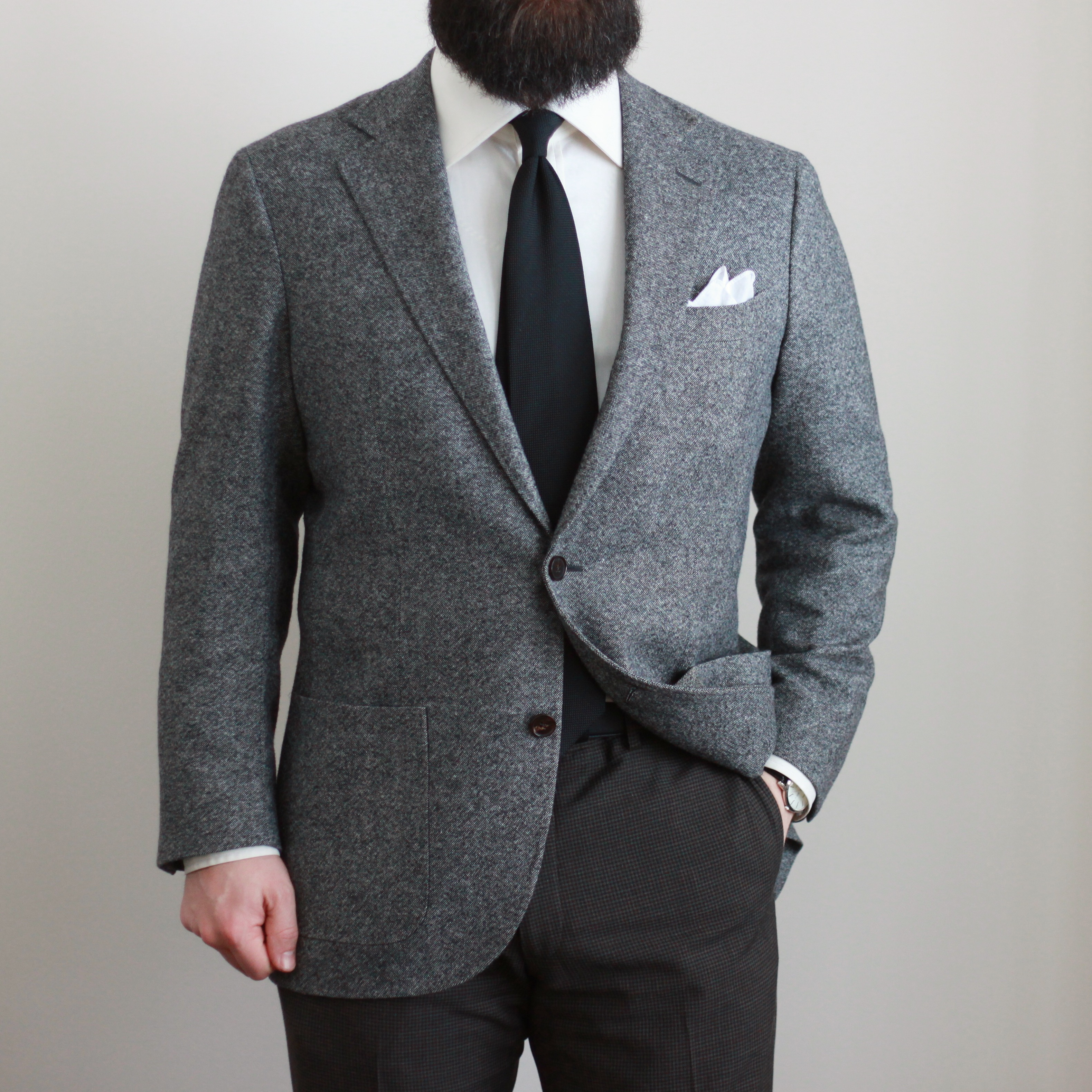 grey tweed, odd jacket, sport coat, ecru dress shirt