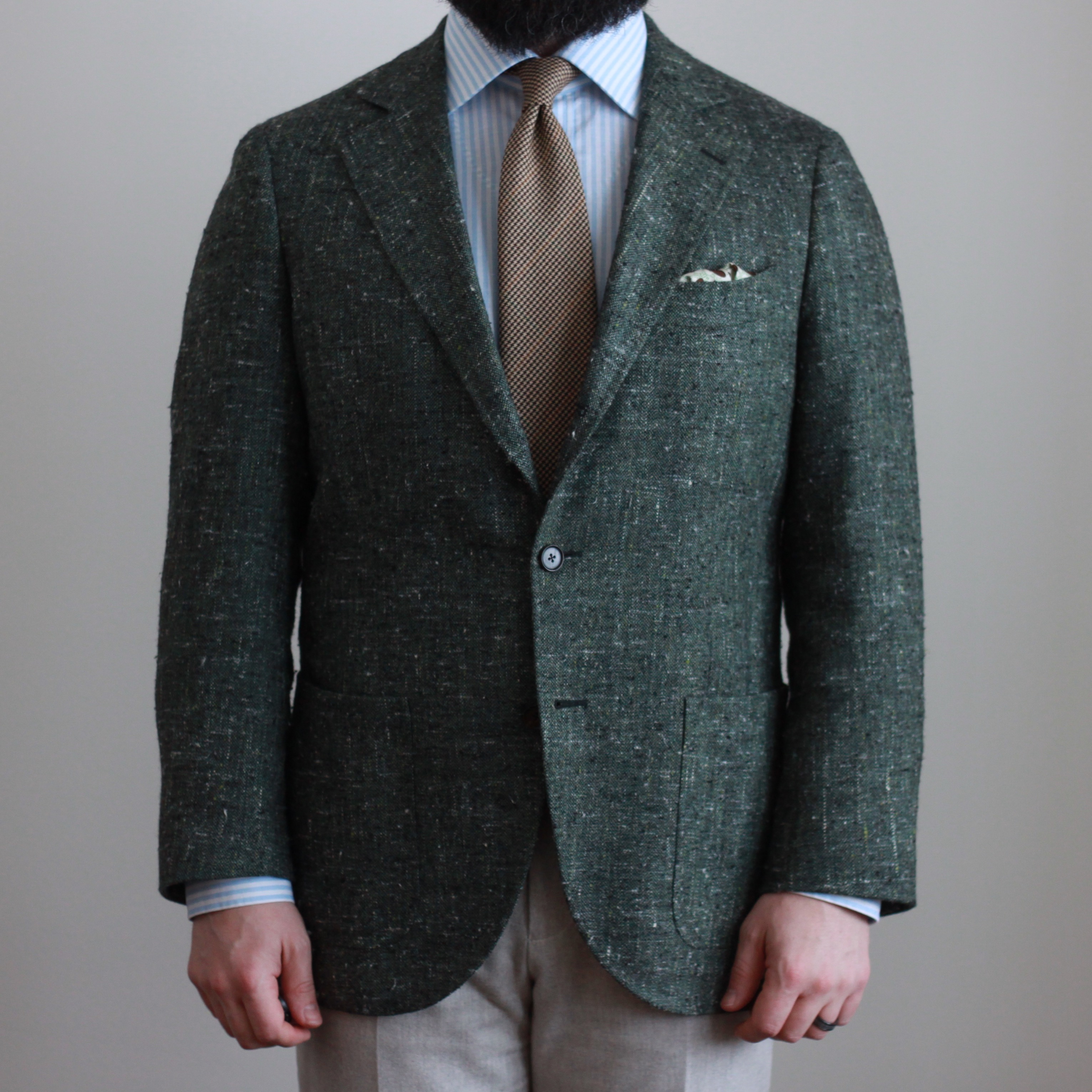 green slub, E Thomas, odd jacket, sport coat, flannel trousers, brown tie, blue stripe shirt