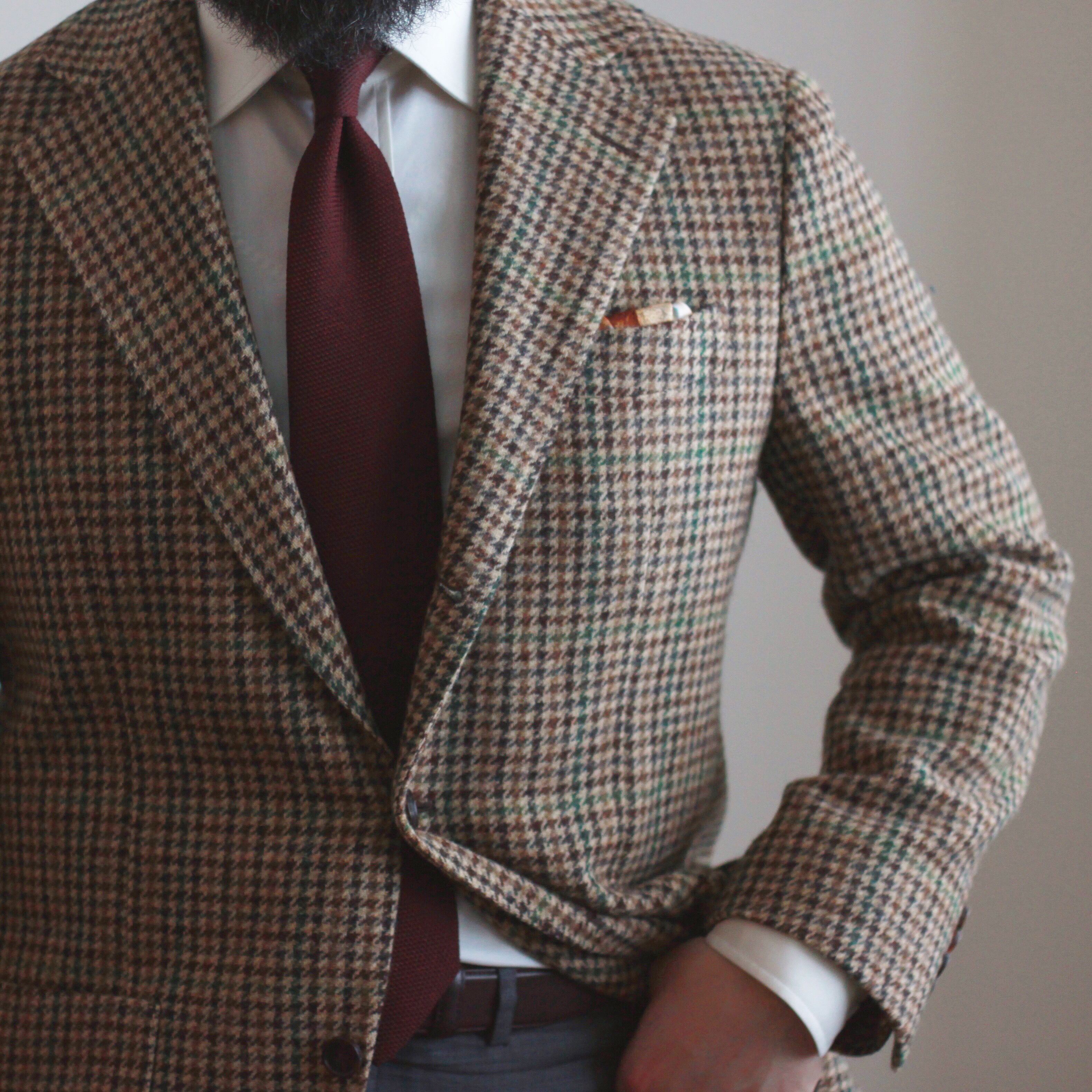 gunclub check, tweed, sport coat, odd jacket, burgundy grenadine, ecru shirt