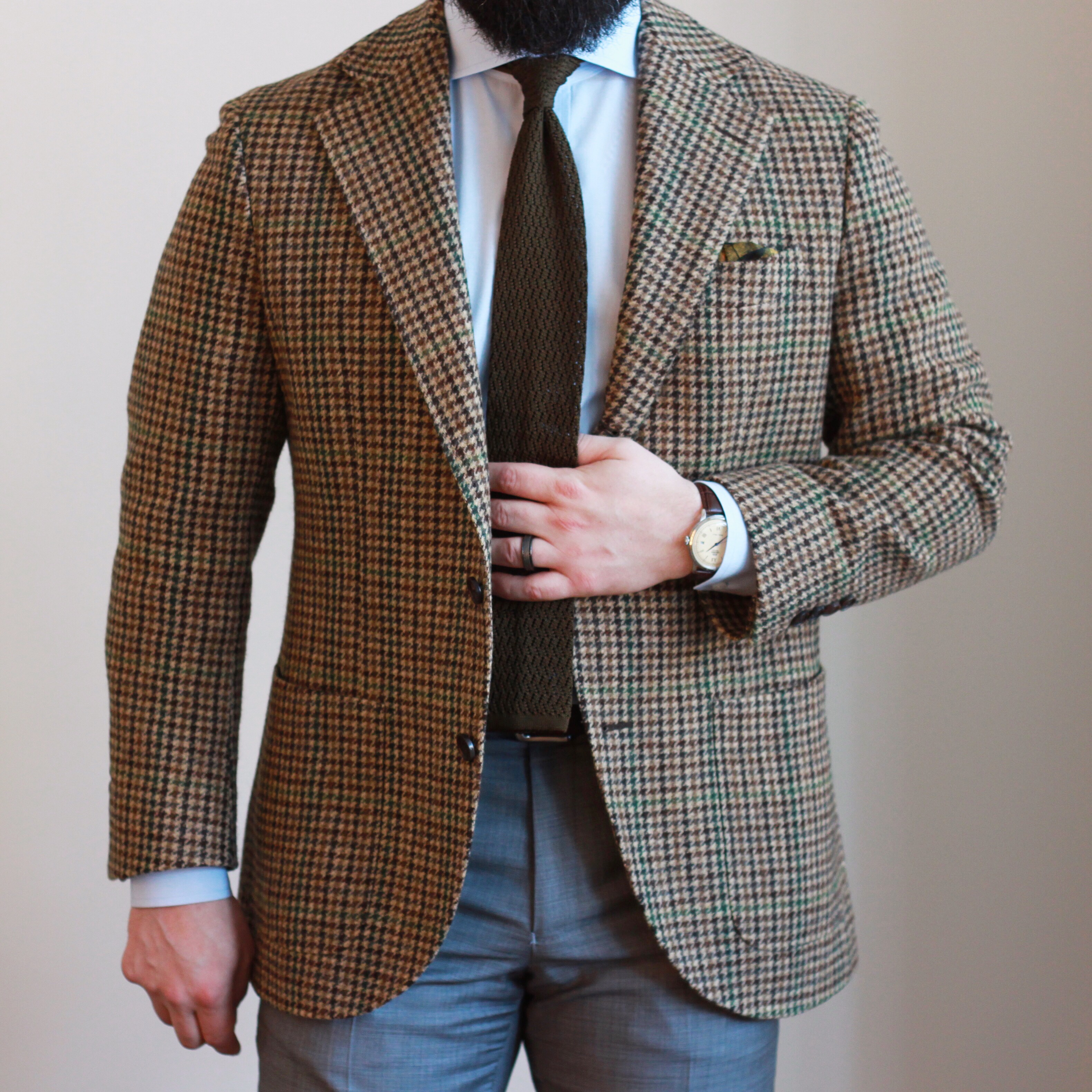 sport coat, odd jacket, bold tweed jacket, olive zig zag knit tie, spier mackay, oxford rowe 