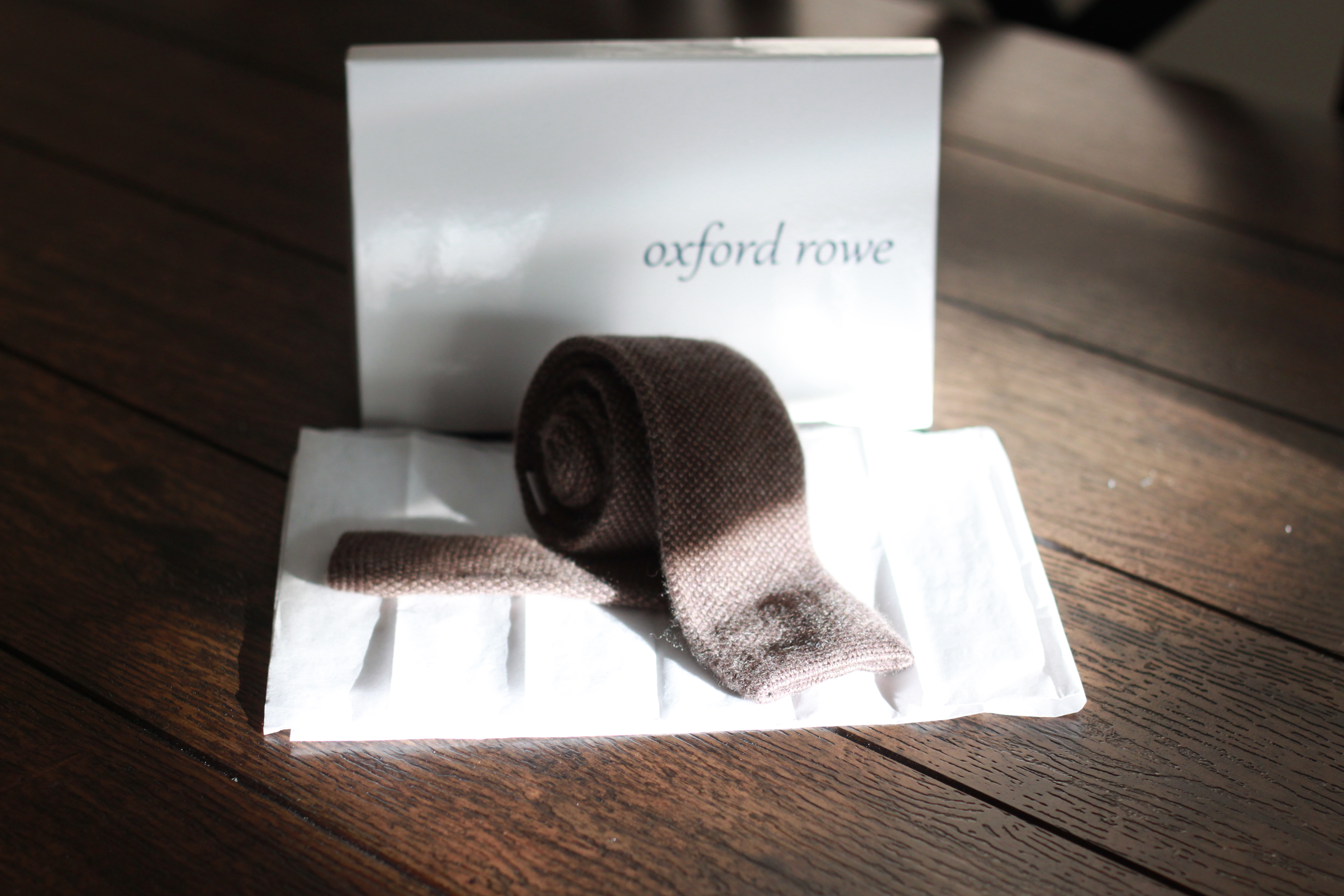 brown cashmere, knit tie, oxford rowe