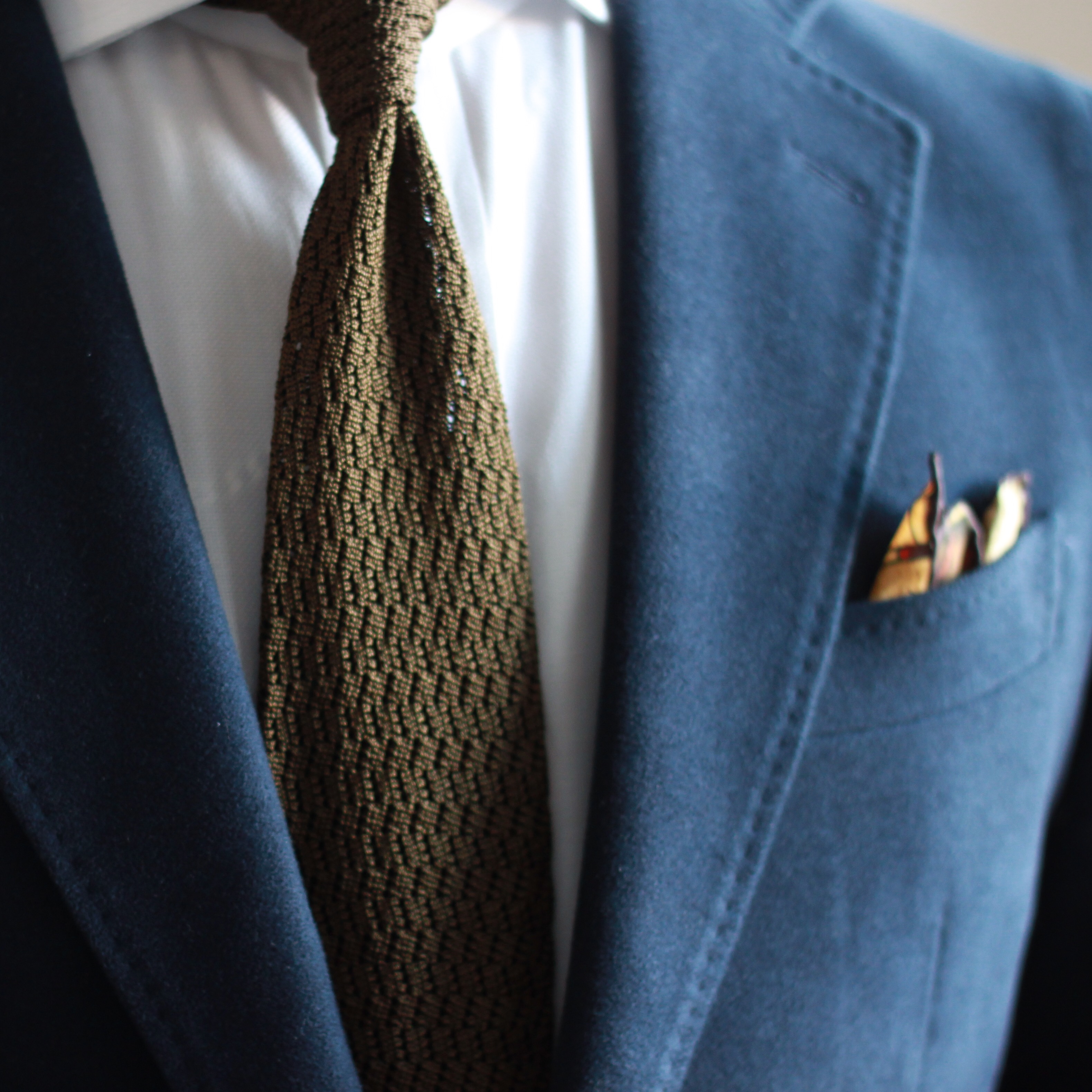 navy moleskin, olive zig zag knit, pocket square, outfit inspiration, what i wore