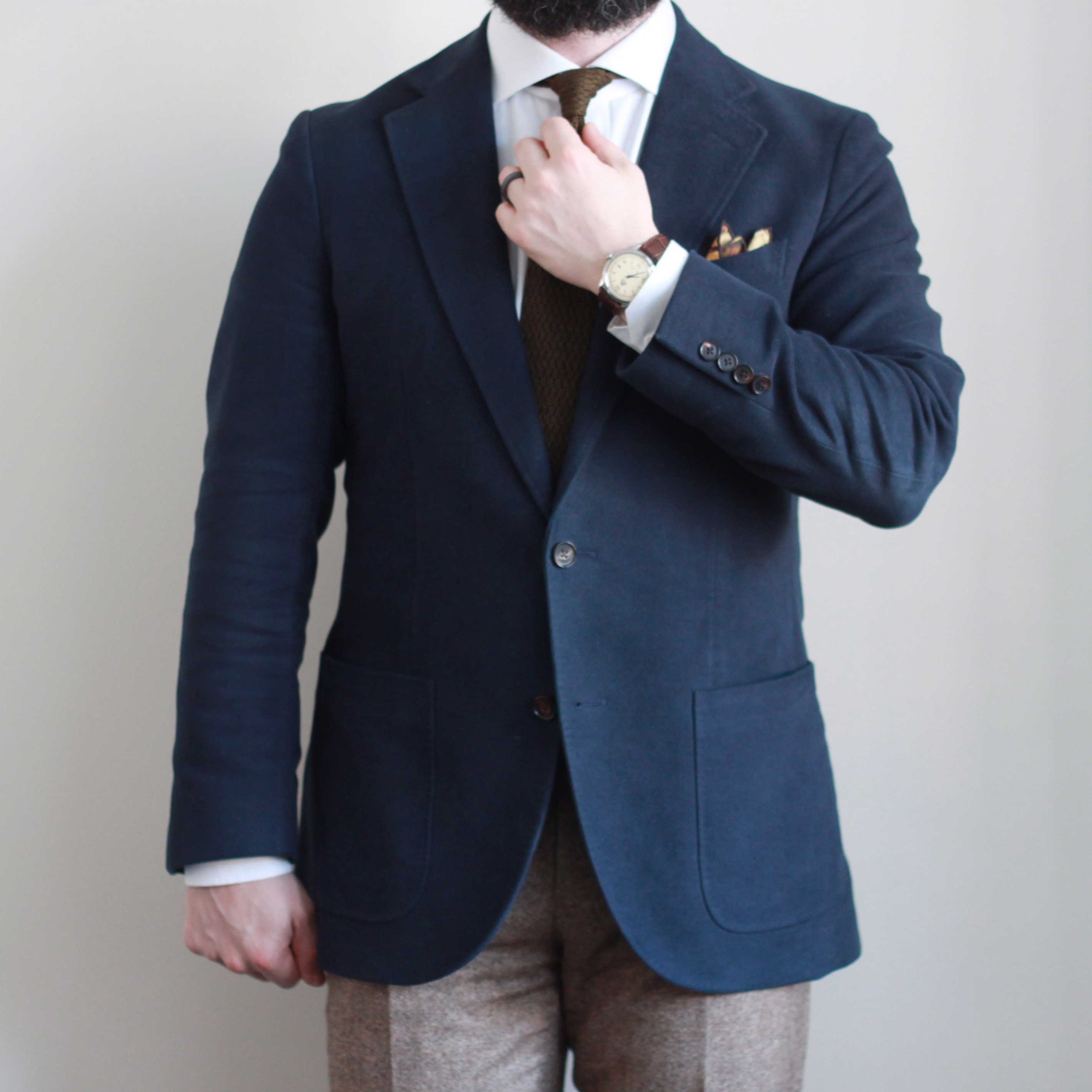 what i wore, knit tie, navy moleskin, sport coat, pocket square, taurus orion, kent wang, spier mackay, oxford rowe