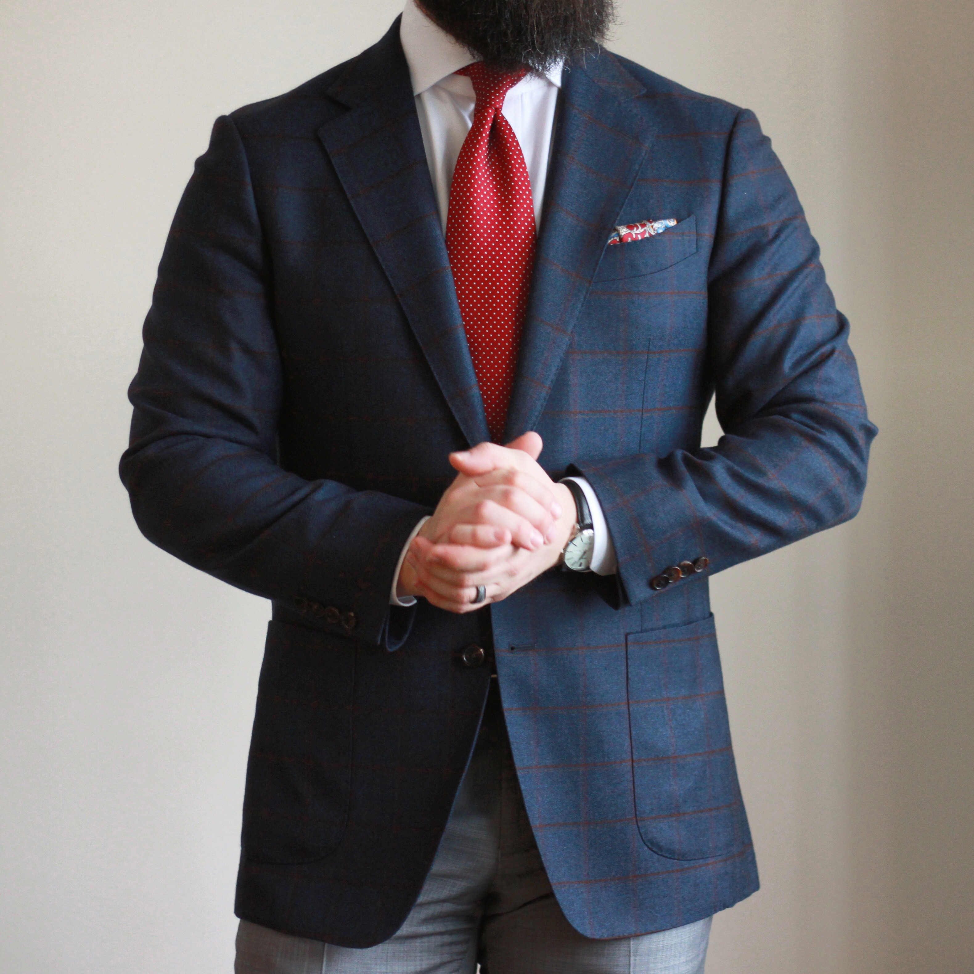 blue windowpane, red tie, pocket square, sport coat, odd jacket, what i wore