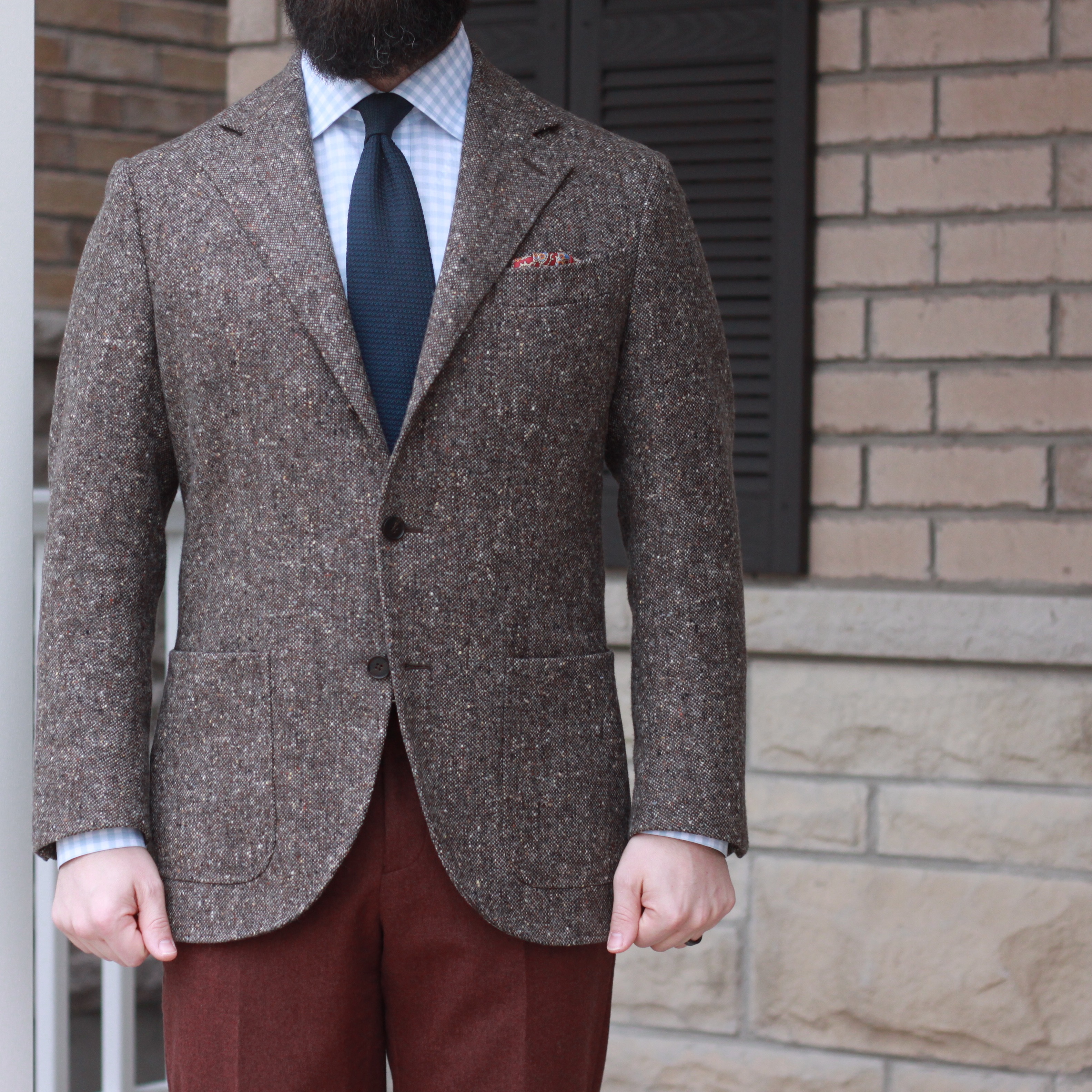donegal sport coat, grenadine tie, gingham shirt, what i wore, burgundy flannel trousers