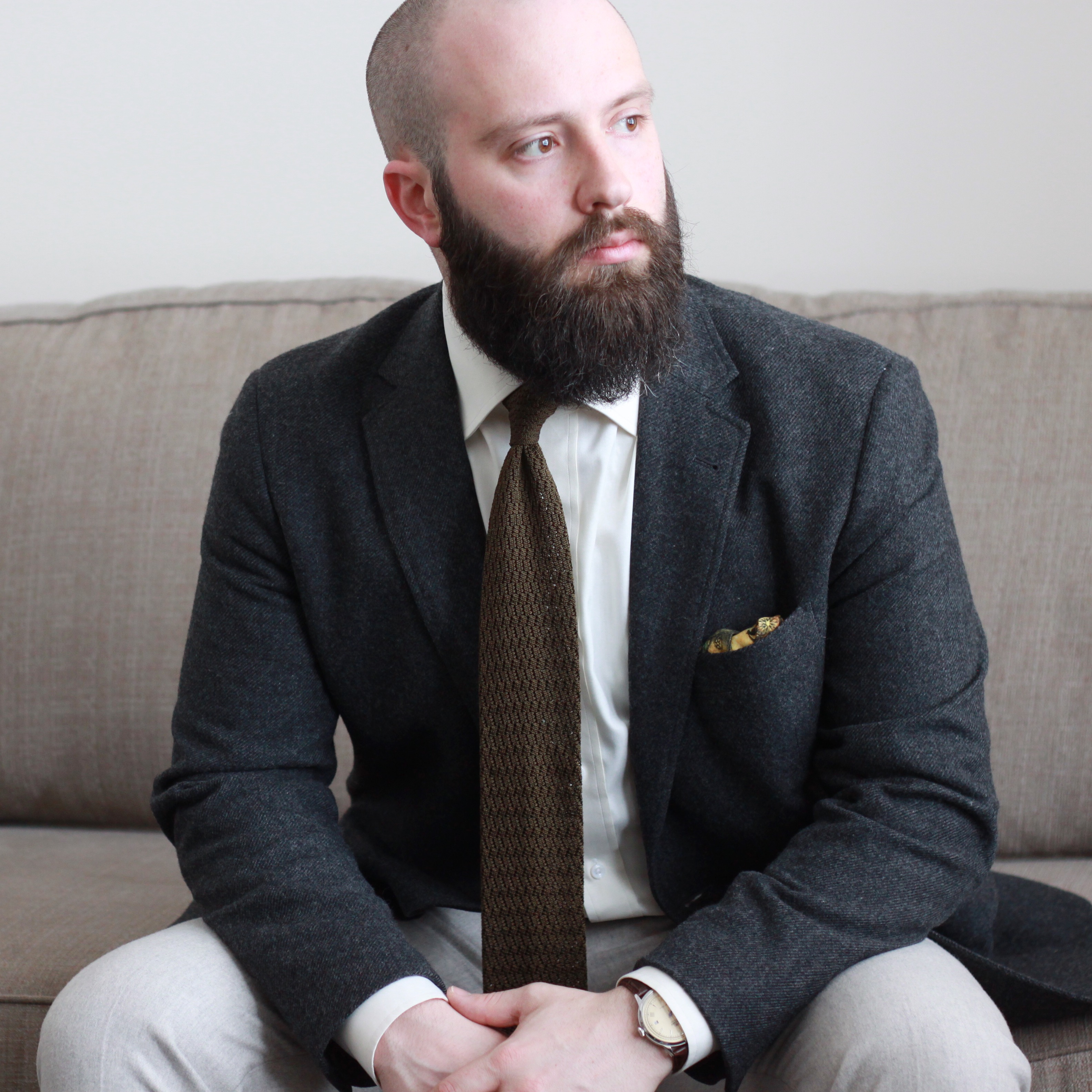 what i wore, tweed sport coat, flannel trousers, knit tie, ecru shirt, pocket square
