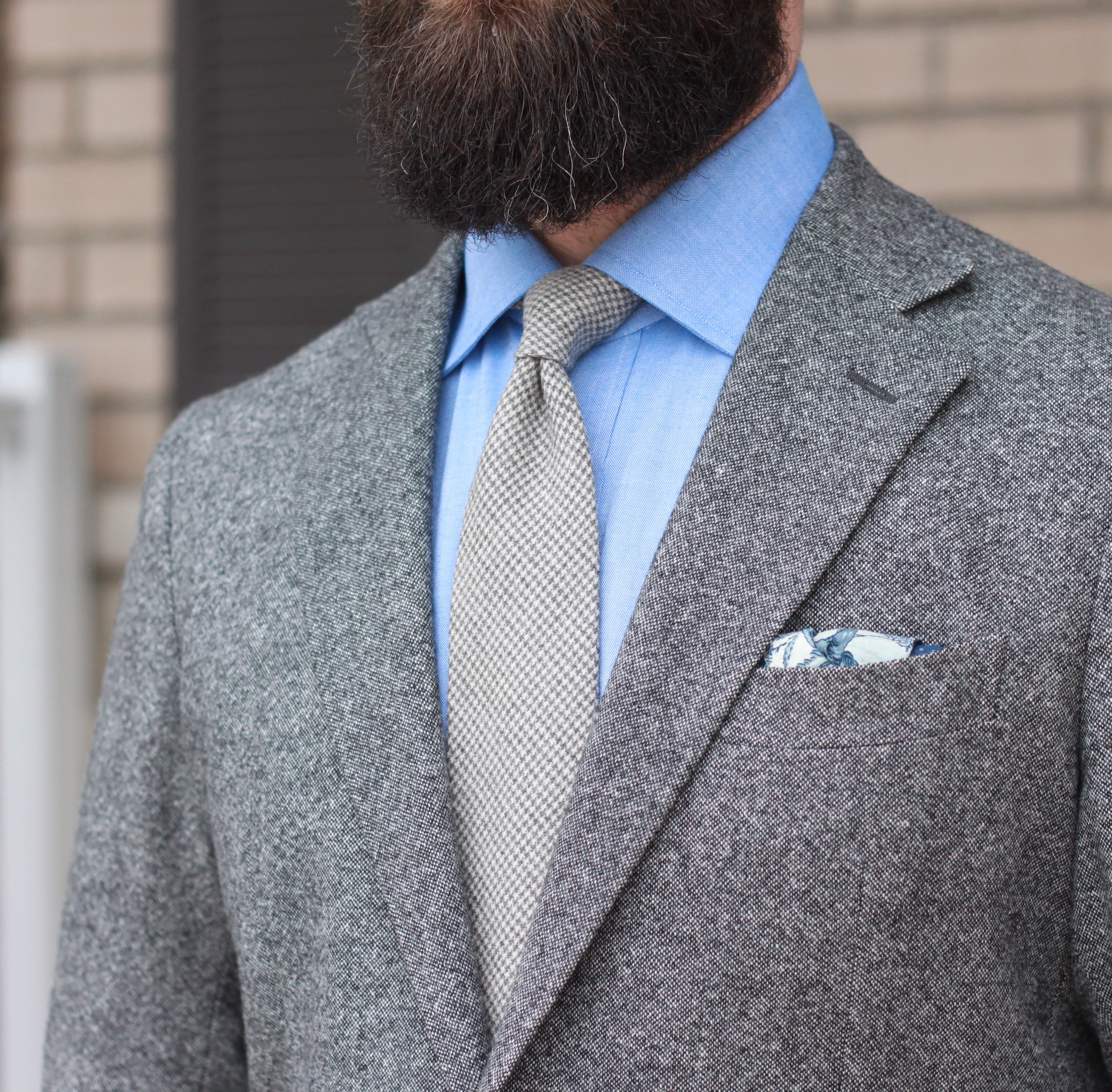 merino tweed, chambray shirt, wool tie, what i wore, pocket square