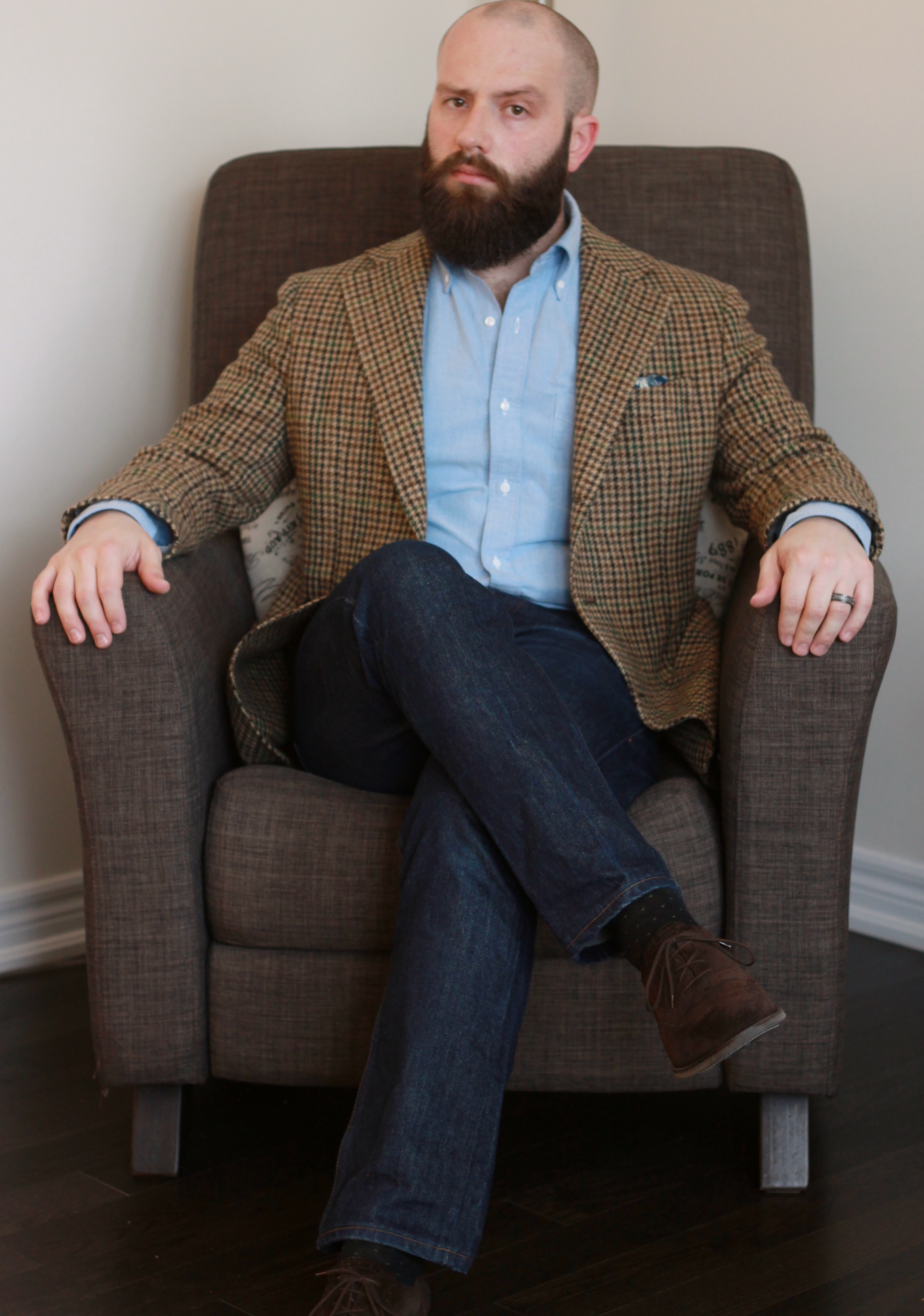 Brown Tweed Sport Coat Outfit Idea With Navy Pants & OCBD