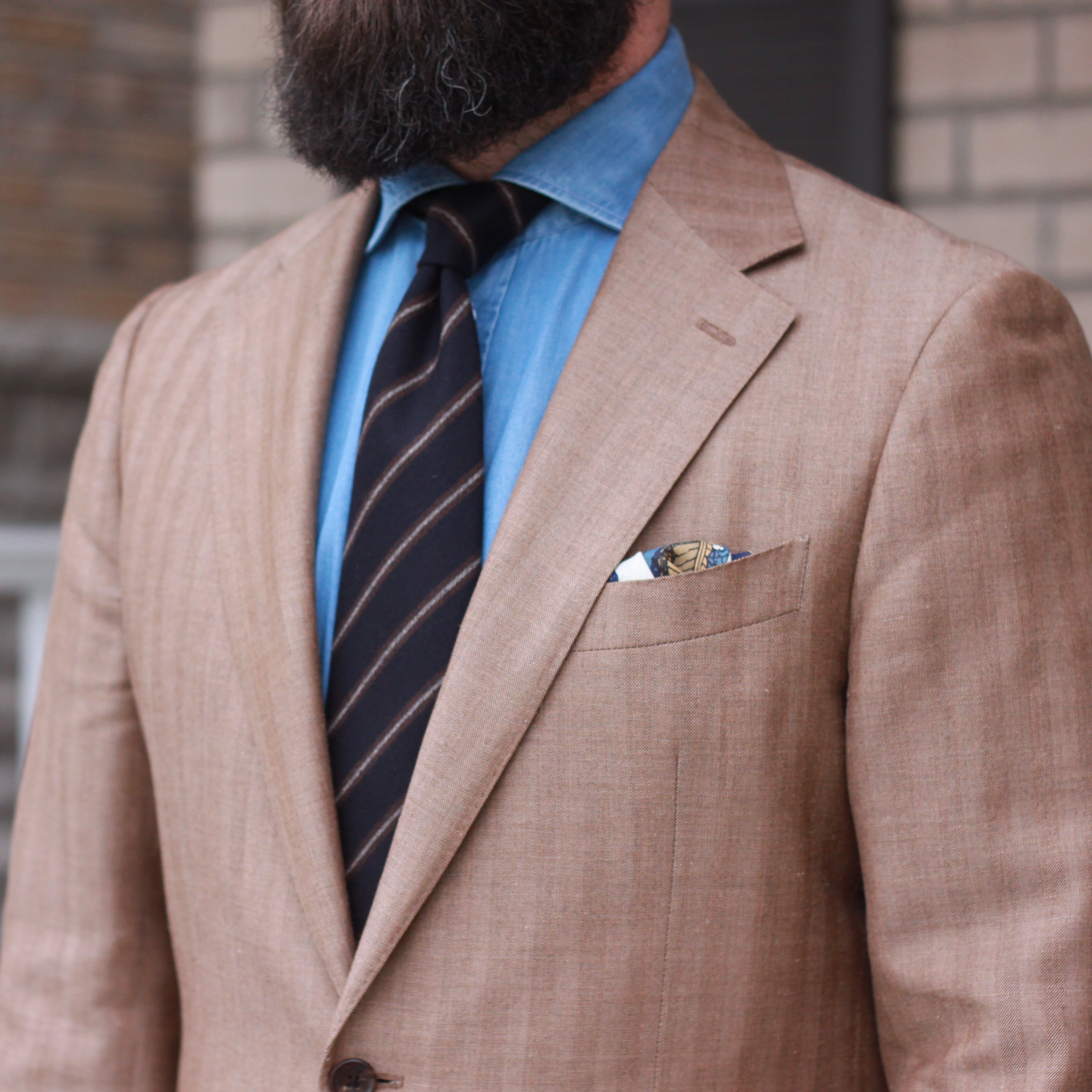 denim dress shirt, tan herringbone sport coat, fades, tie, pocket square, what i wore