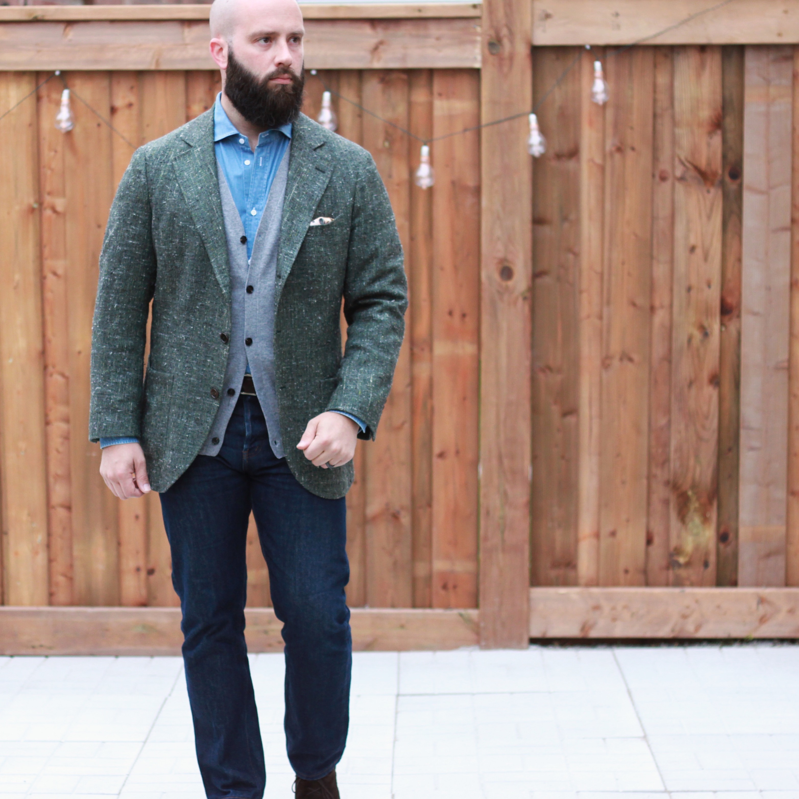 Chambray shirt shop with blazer