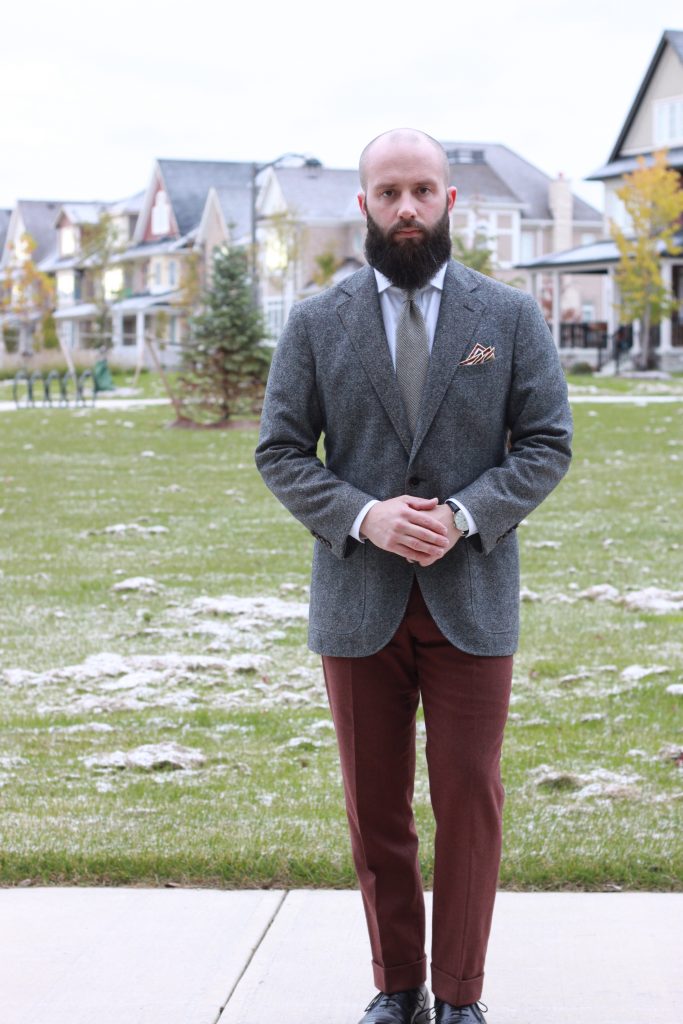 burgundy trousers, sport coat, light tie, after the suit, tweed, tie, low contrast