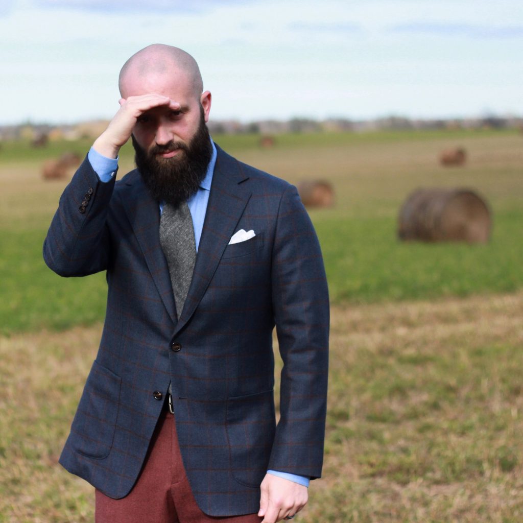 blue checks, burgundy flannel trousers, white pocket square, grey tie, menswear, outfit, inspiration