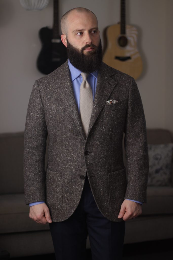 donegal tweed, sport coat, chambray shirt, tie, light tie