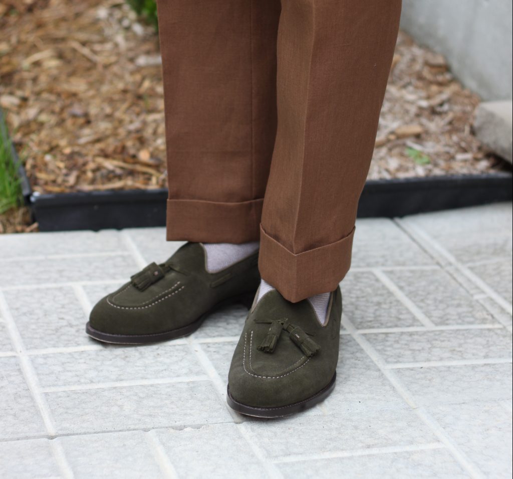 cavour loafers, tobacco linen, green suede, tassel loafers, goodyear welted, cavour, after the suit