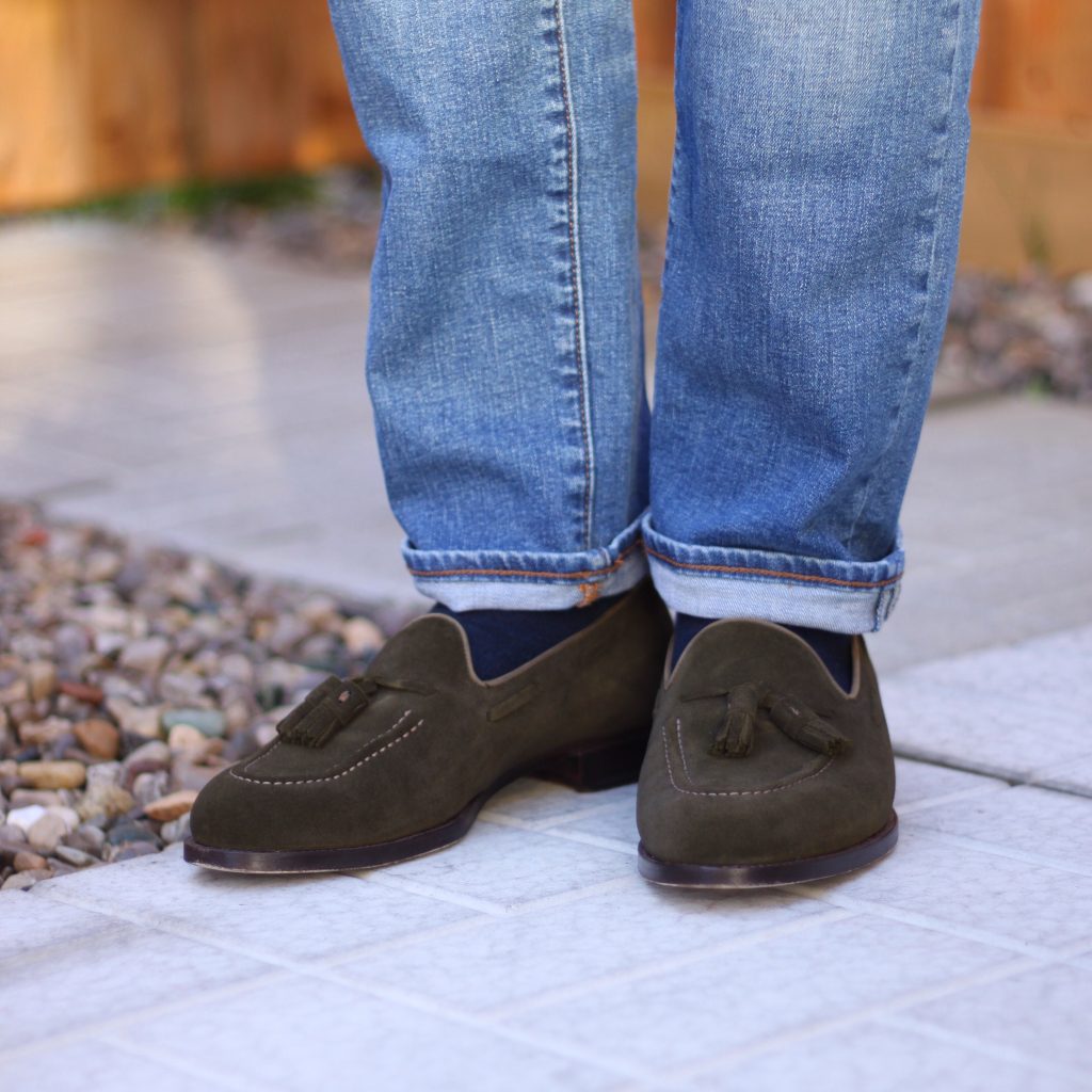 light wash denim, green suede, green loafers, cavour, cavour loafers, after the suit